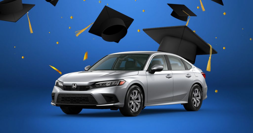 A Honda Civic sits on a blue background with graduation caps flying overhead, signifying this sedan as the perfect starter car for your graduate! Shop for your used Hondas at Honda Morristown today!