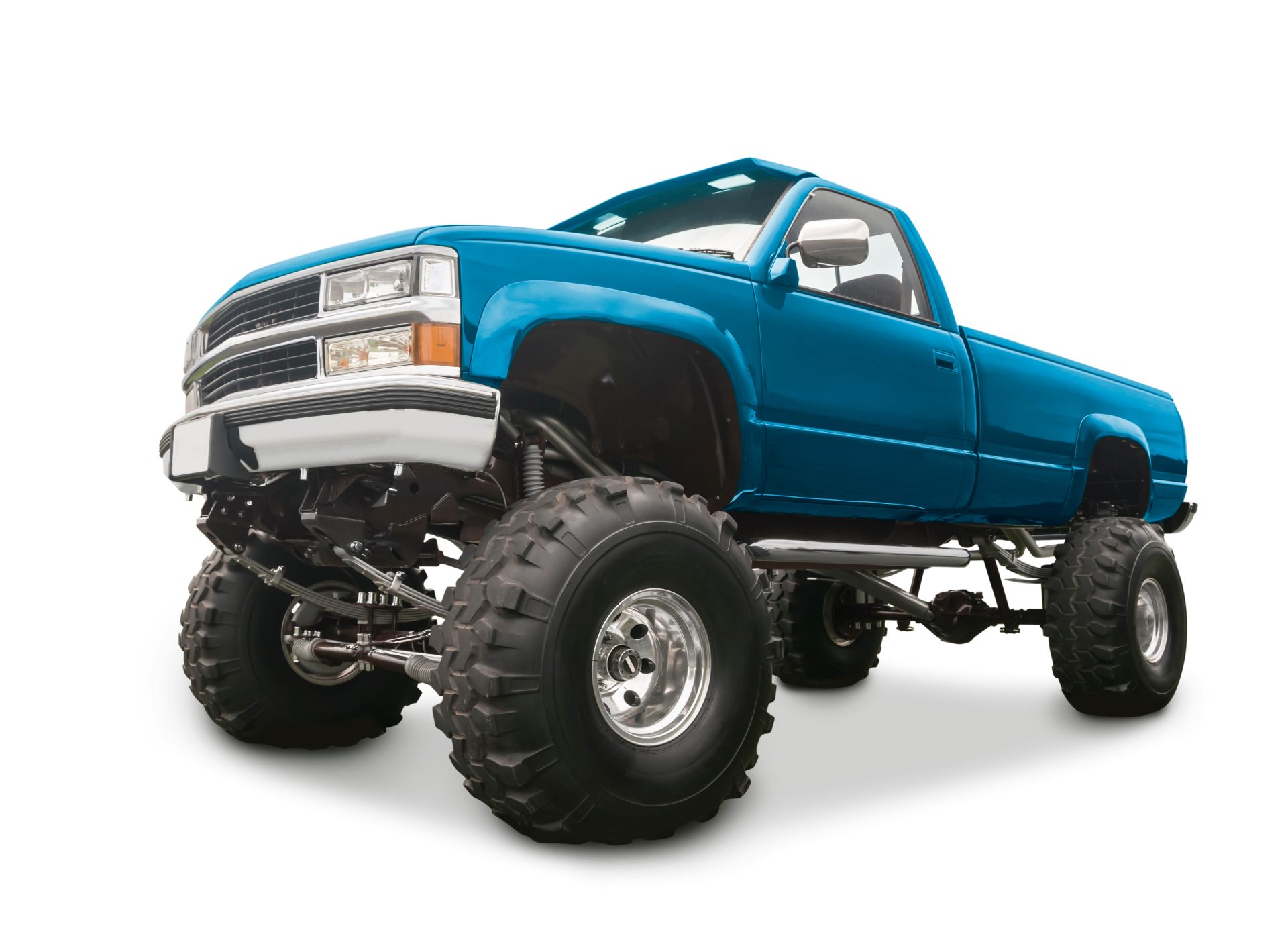 conceptual image of a blue North American truck with a step-bar featuring a high lift kit accommodating large off-road tires