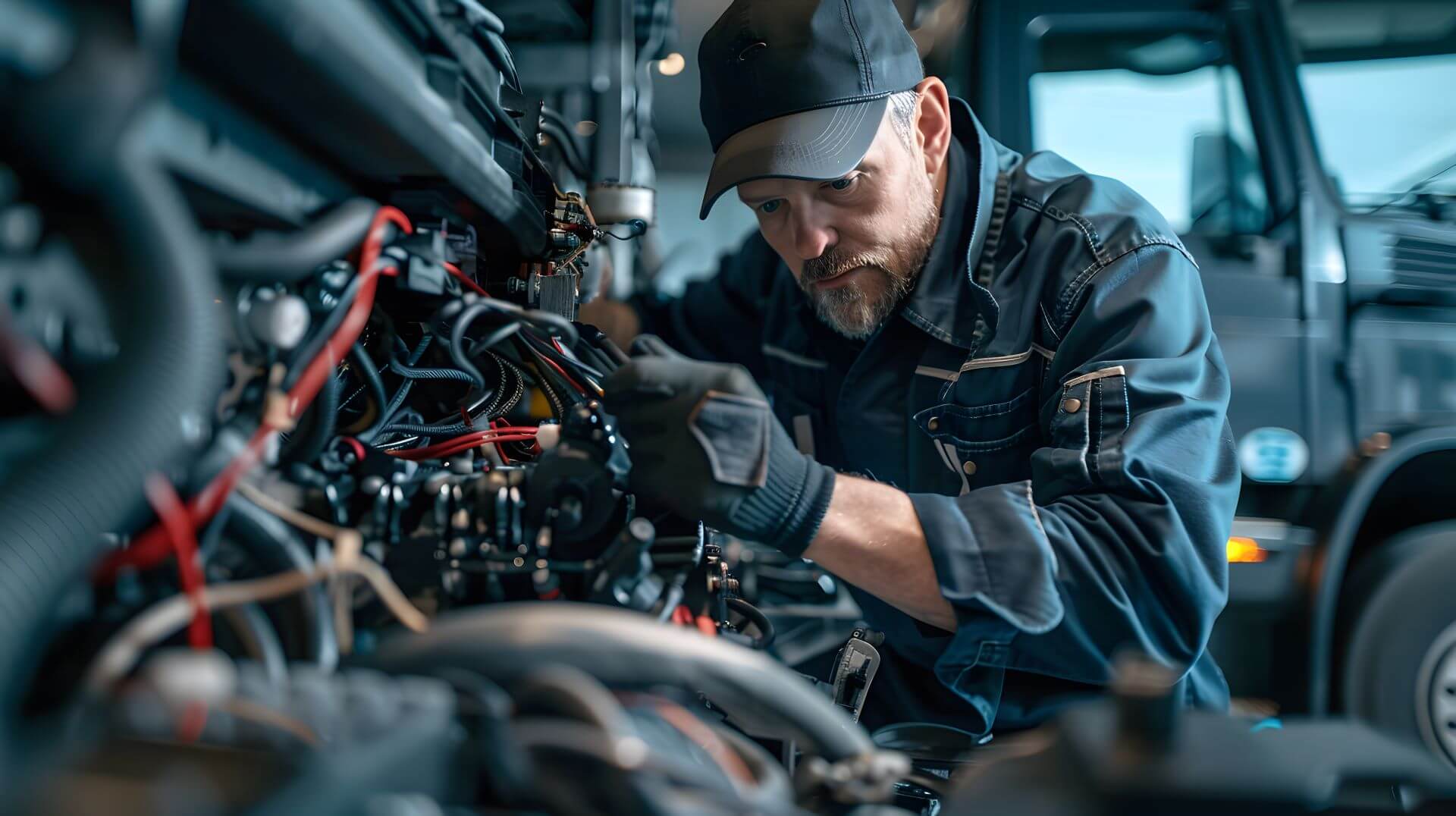 Professional service technician at Summit Trucks working on removed truck engine