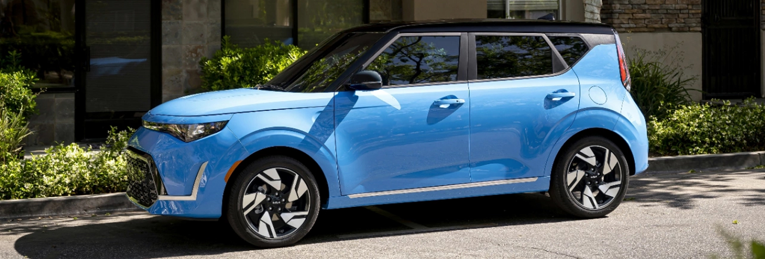 Blue 2023 Kia Soul - driver side profile view