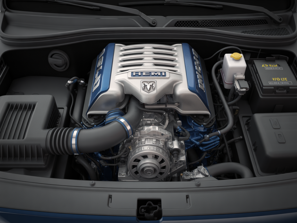 Close-up view of Ram 1500 engine bay displaying 5.7L HEMI V8 engine with eTorque mild hybrid technology components, including motor generator unit and 48-volt battery system