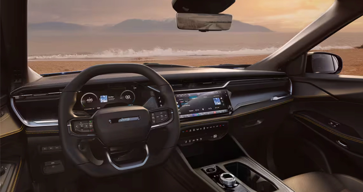 Luxurious interior of the 2026 Jeep Cherokee showing premium materials and technology