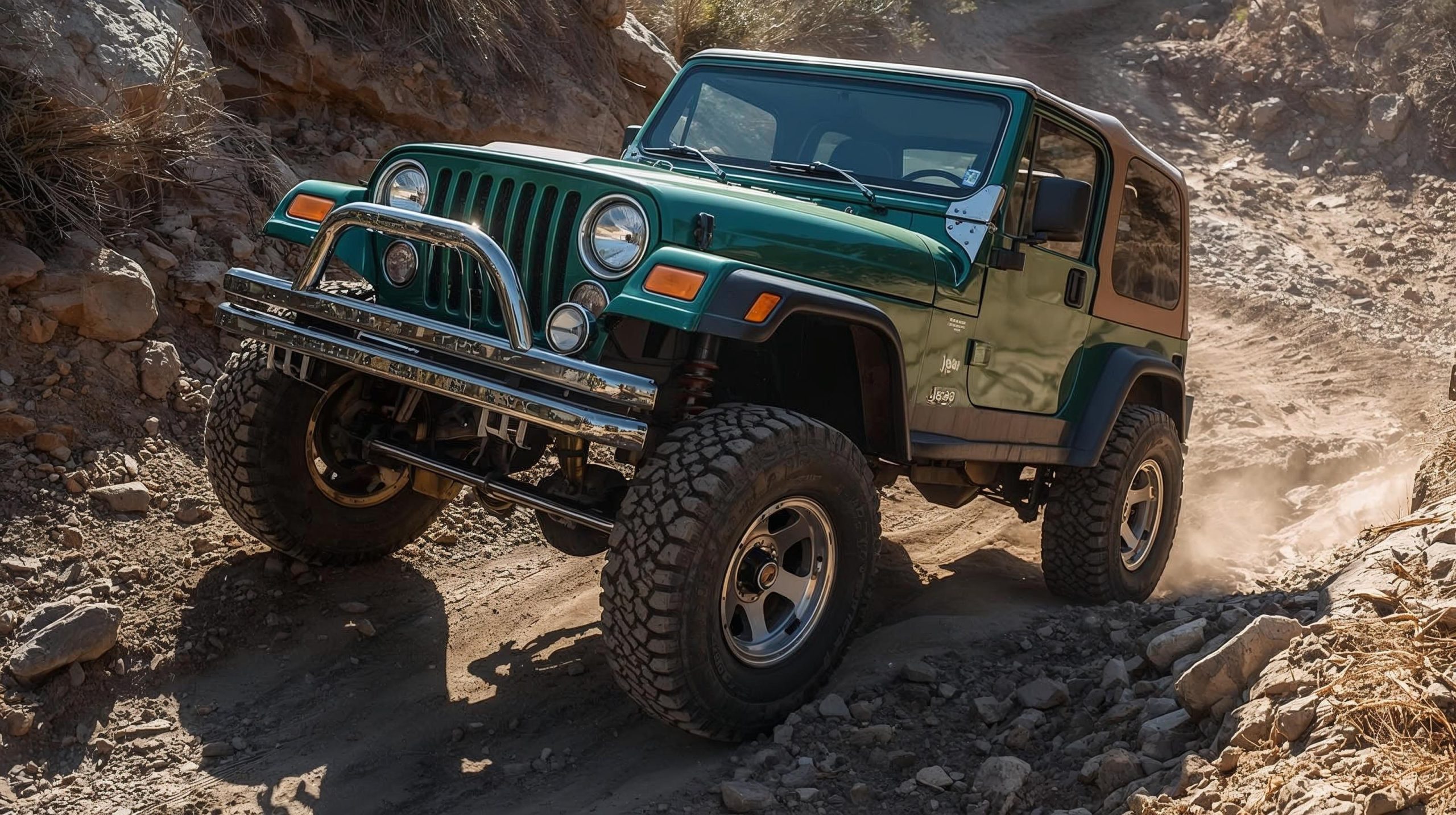 Jeep Wrangler TJ model navigating a dirt trail demonstrating its off-road capability