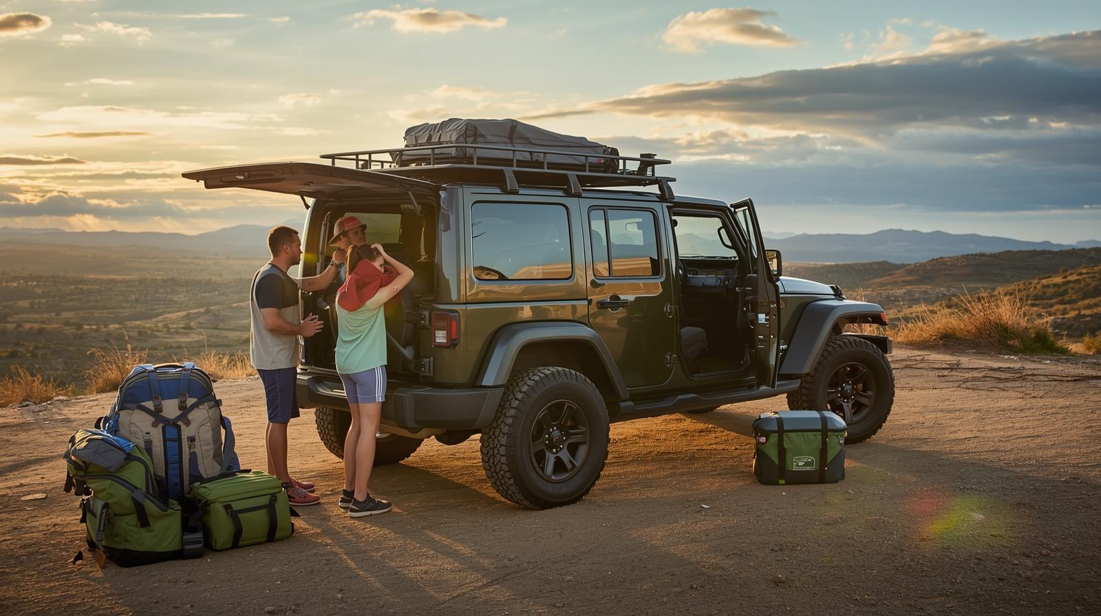Jeep Wrangler Unlimited with family loading gear for an outdoor adventure