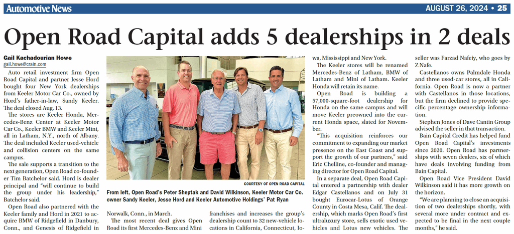 Automotive News Highlights Open Road Capital’s Recent Deals