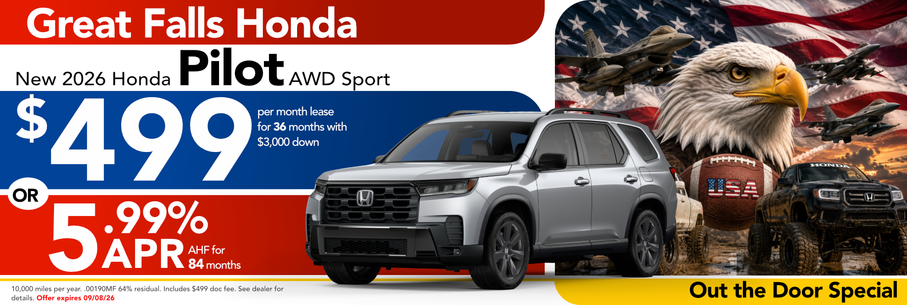 New 2026 Honda 1 Pilot AwD sport $499 per month lease for 36 months with $3,000 down OR 5 APR 84 months