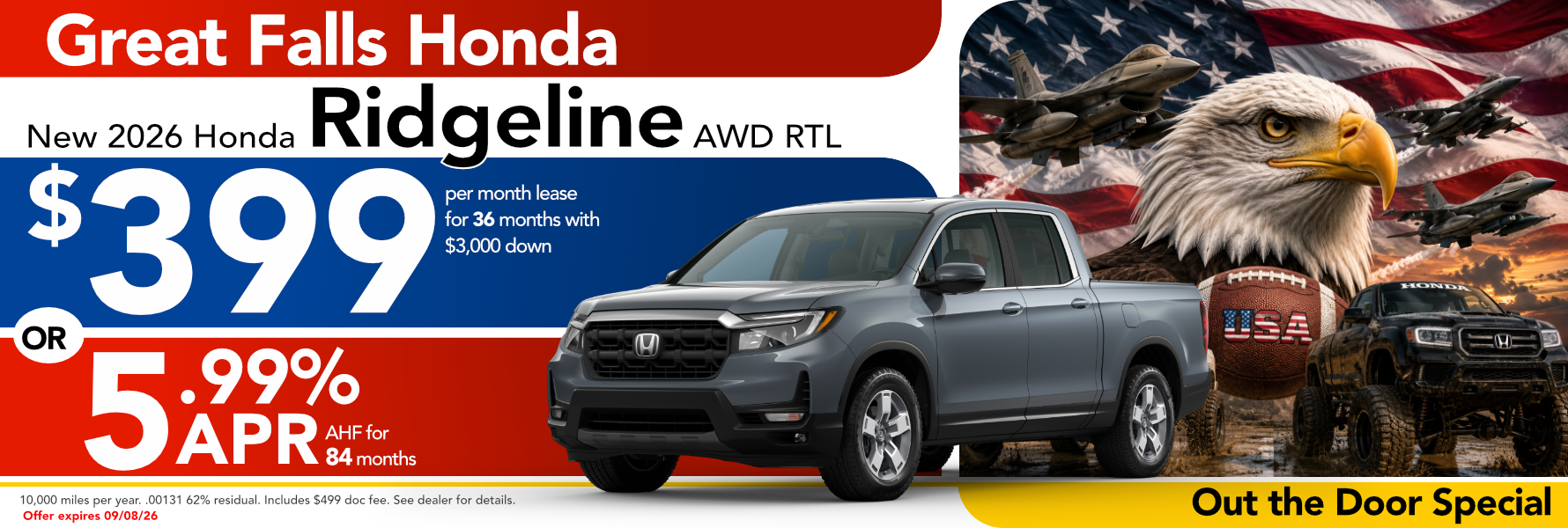 New 2026 Honda 1 Ridgeline AWD RTL $399 per month lease for 36 months with $3,000 down -OR 5.99% JAPRAHFfor 84 months