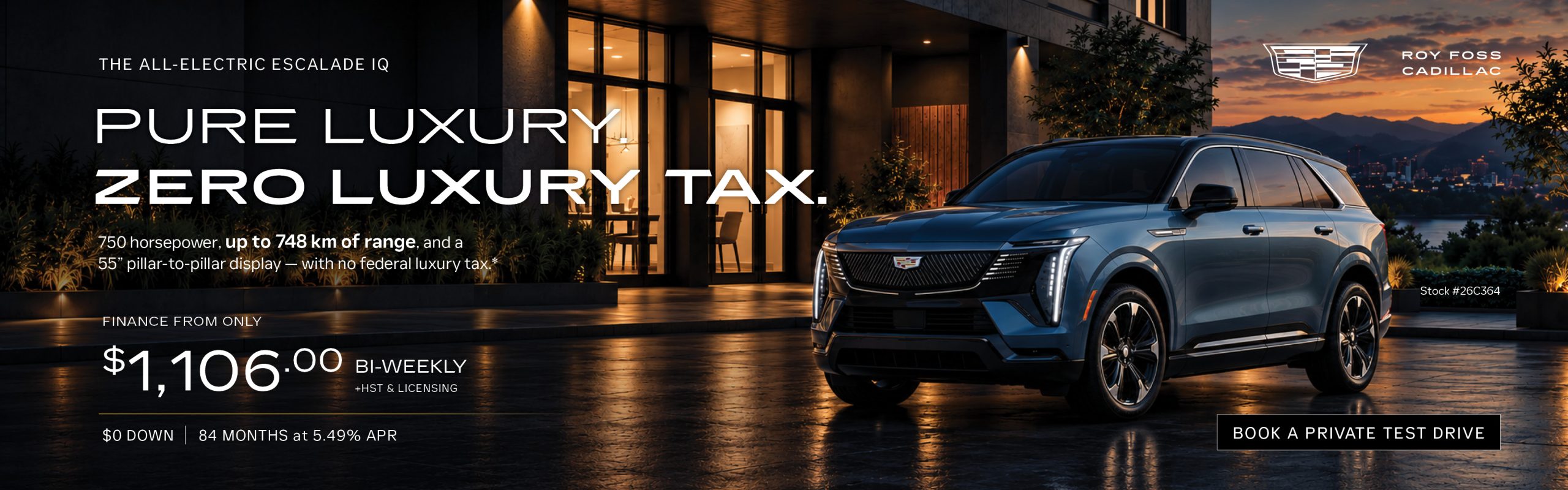 Roy Foss Cadillac website banner featuring the all-electric Cadillac ESCALADE IQ with 750 horsepower, up to 748 km of range, and financing from $1,106 bi-weekly, plus HST and licensing.