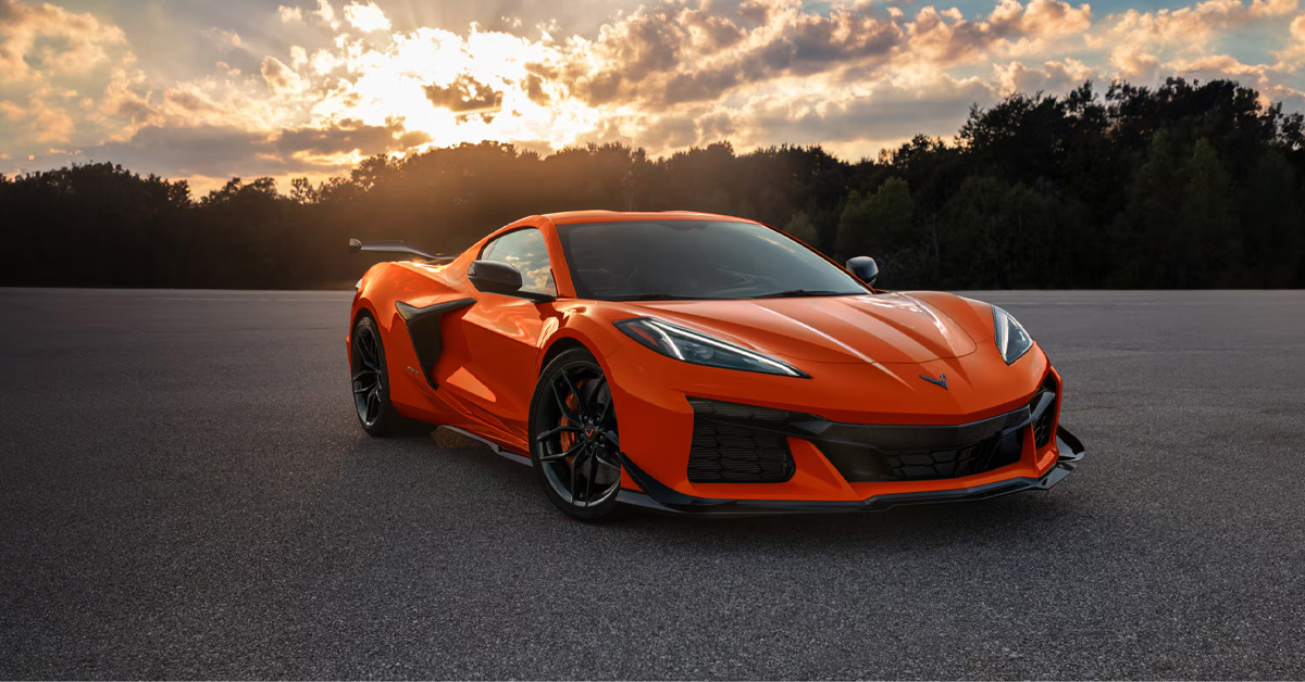 2026 Chevrolet Corvette Z06 exterior in orange at sunset