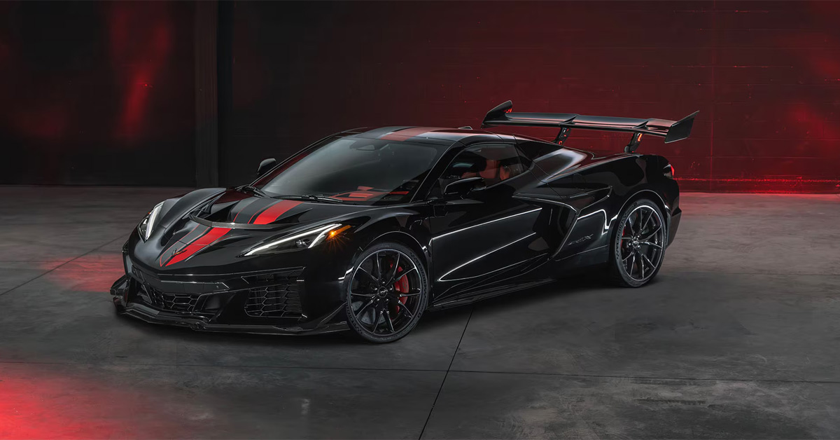 2026 Chevrolet Corvette ZR1x exterior in black at night with headlights on