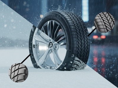 Close-up of winter tire tread showing deep grooves and sipes