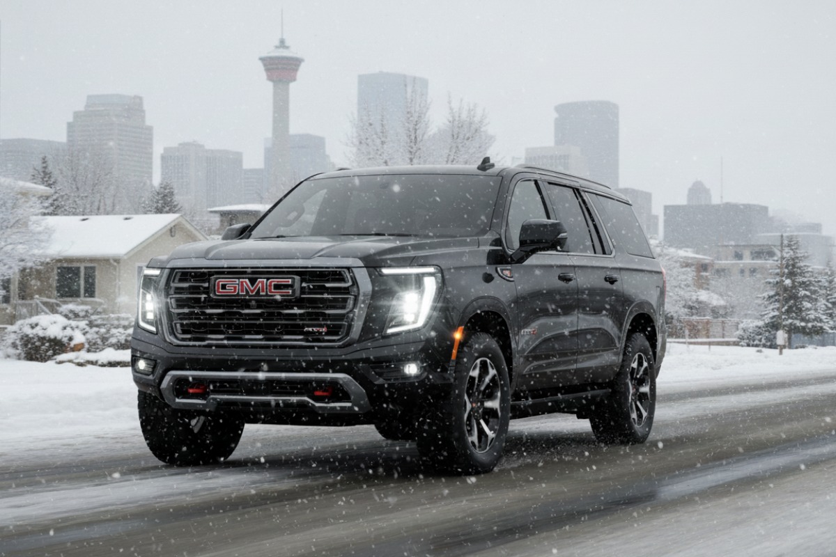 GMC SUV driving through Calgary in winter conditions