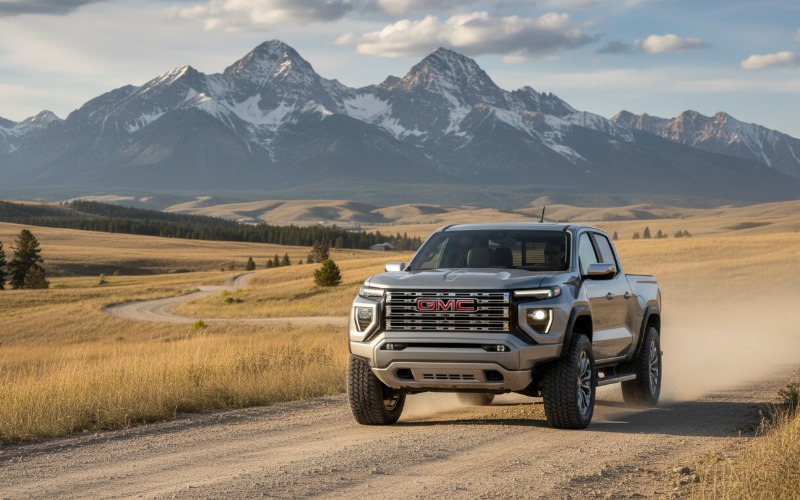 GMC Canyon midsize truck on an Alberta backroad