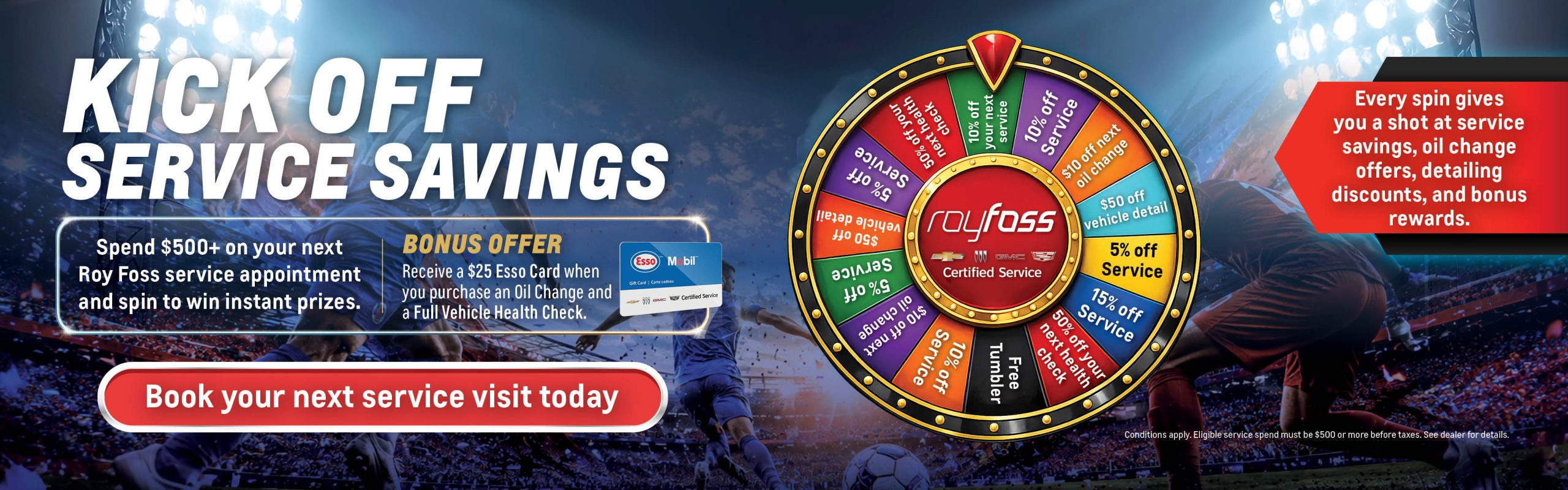 Roy Foss Certified Service “Kick Off Service Savings” promotion featuring a soccer-themed spin-to-win prize wheel, service savings offers, and a call-to-action to book a service visit.