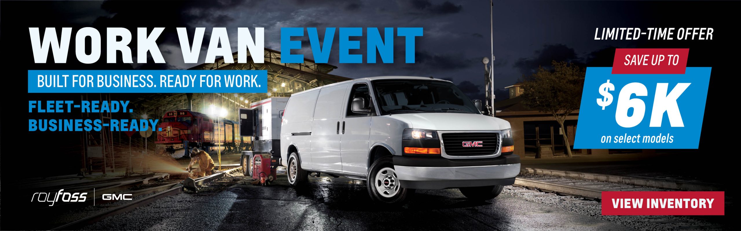 Work Van Event banner featuring a white GMC commercial van with savings of up to $6,000 on select models at Roy Foss Woodbridge, located at 2 Auto Park Circle, Woodbridge, ON L4L 8R1