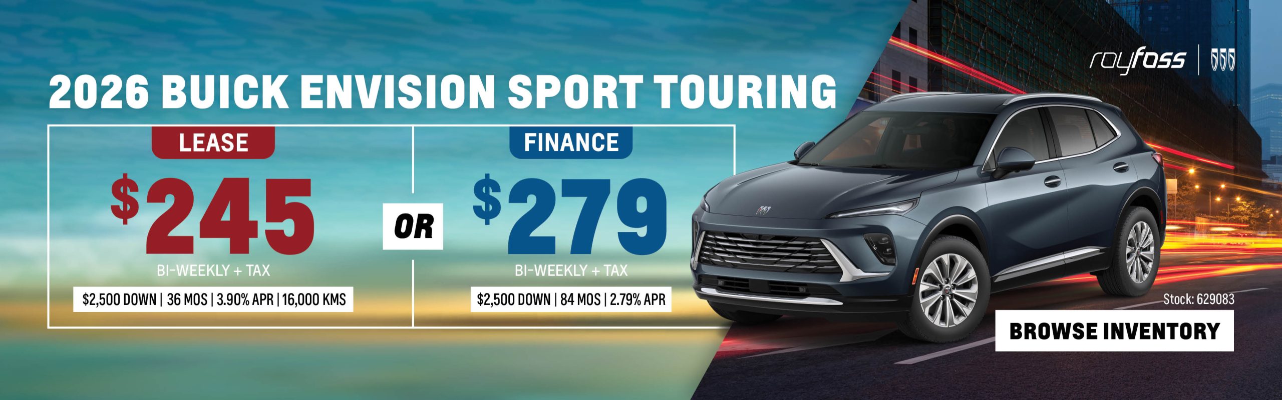 Roy Foss Woodbridge website banner advertising the 2026 Buick Envision Sport Touring with lease payments from $245 bi-weekly or finance payments from $279 bi-weekly, plus tax.