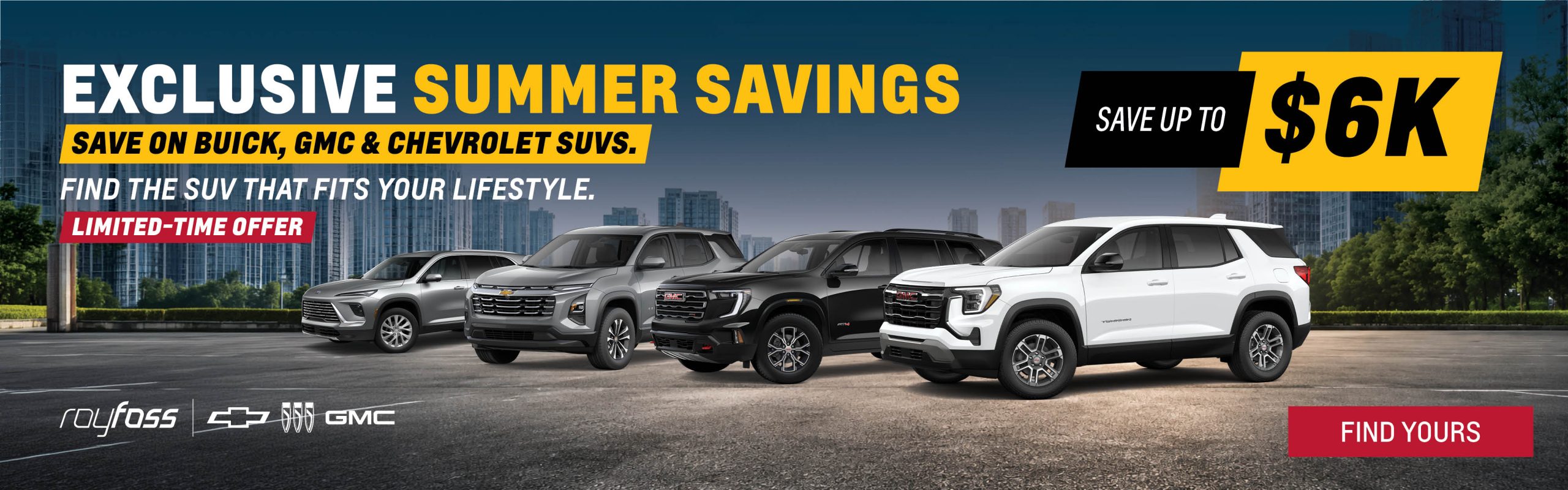 Exclusive Summer Savings banner featuring four Chevrolet, Buick, and GMC SUVs with savings of up to $6,000 on select models at Roy Foss Woodbridge, located at 2 Auto Park Circle, Woodbridge, ON L4L 8R1.