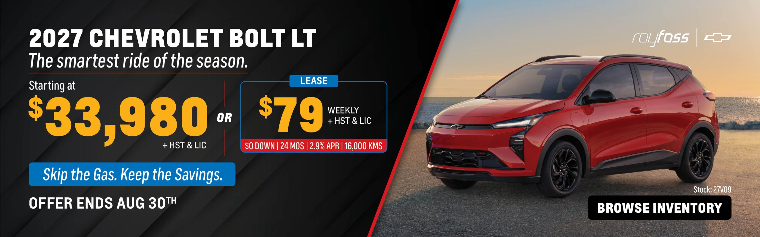 Roy Foss Woodbridge website banner advertising the 2027 Chevrolet Bolt LT starting at $33,980 or leasing from $79 weekly, plus HST and licensing.
