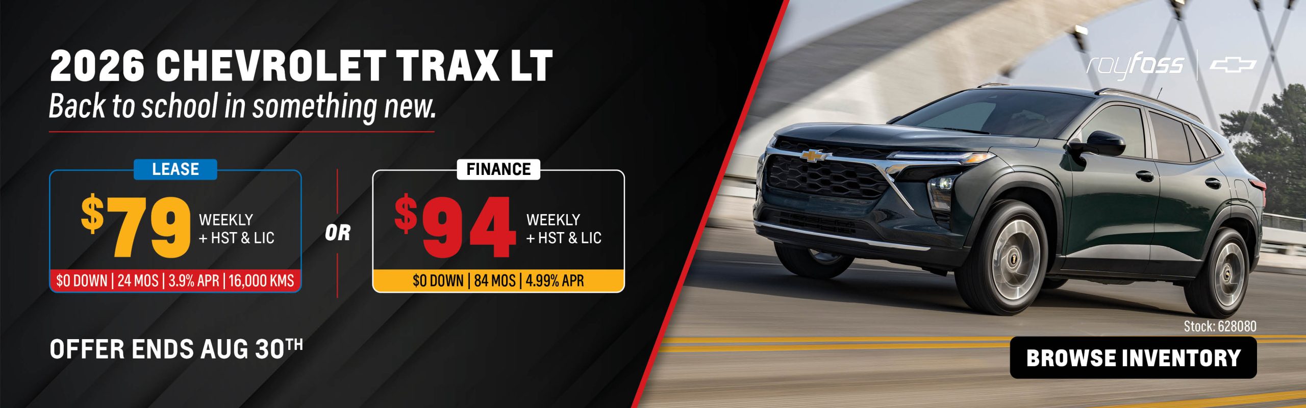 Roy Foss Woodbridge website banner advertising the 2026 Chevrolet Trax LT with lease payments from $79 weekly or finance payments from $94 weekly, plus HST and licensing.