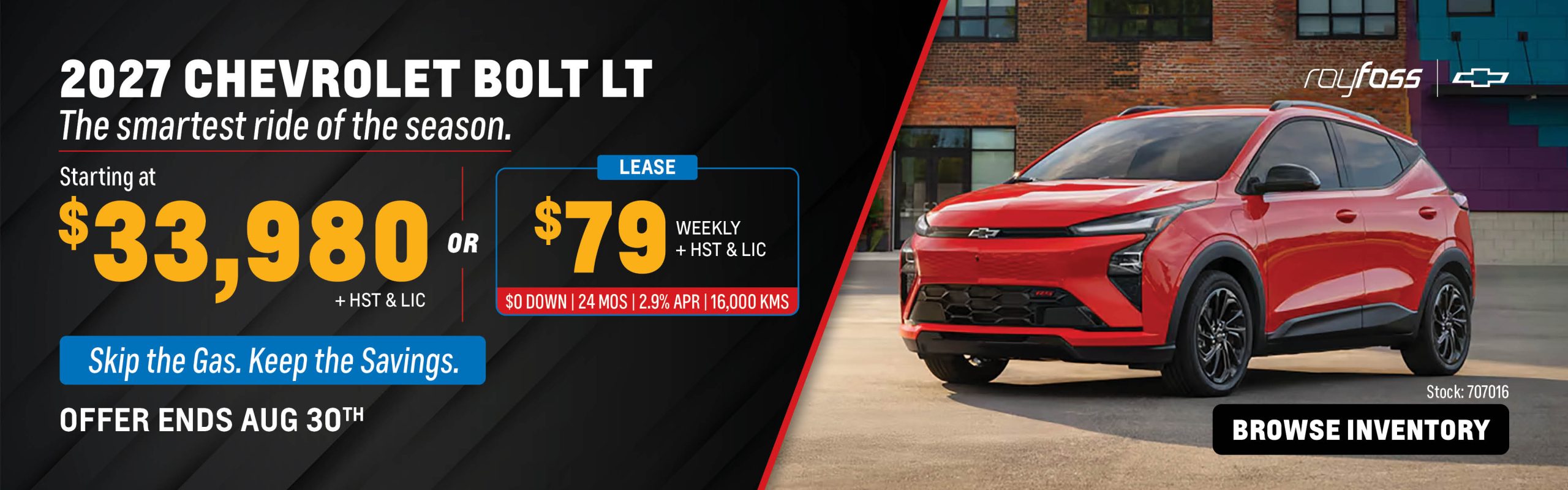 Roy Foss Woodbridge website banner advertising the 2027 Chevrolet Bolt LT starting at $33,980 or leasing from $79 weekly, plus HST and licensing.