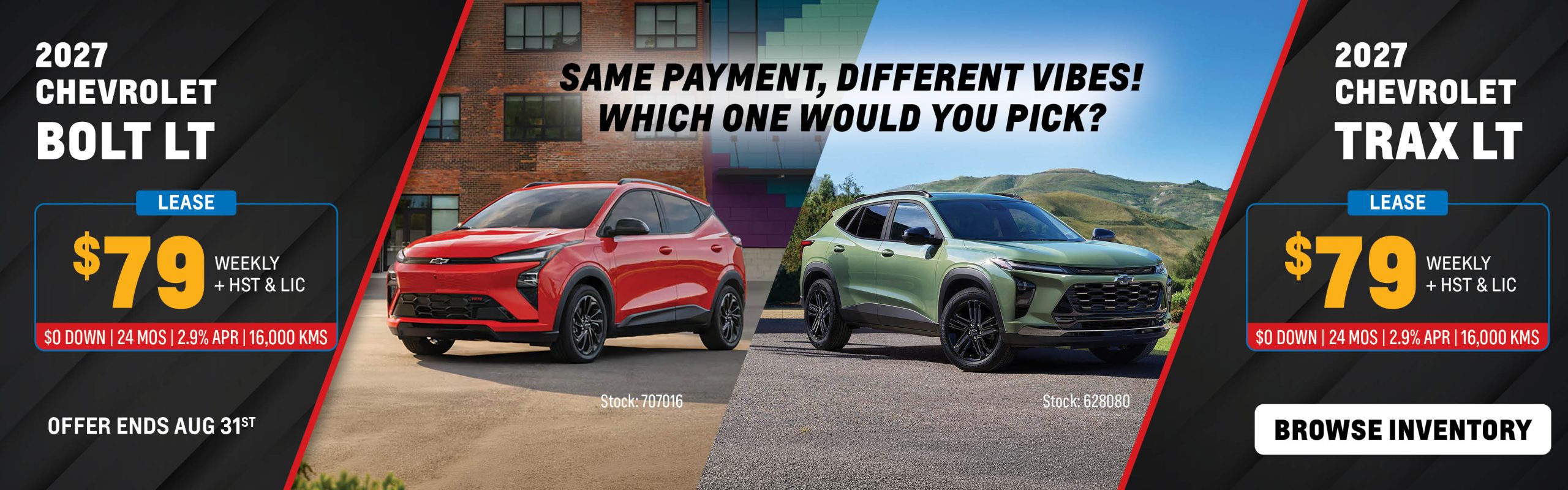 Roy Foss Chevrolet banner comparing the 2027 Chevrolet Bolt LT and 2027 Chevrolet Trax LT, both available to lease from $79 weekly plus HST and licensing, with a “same payment, different vibes” message.