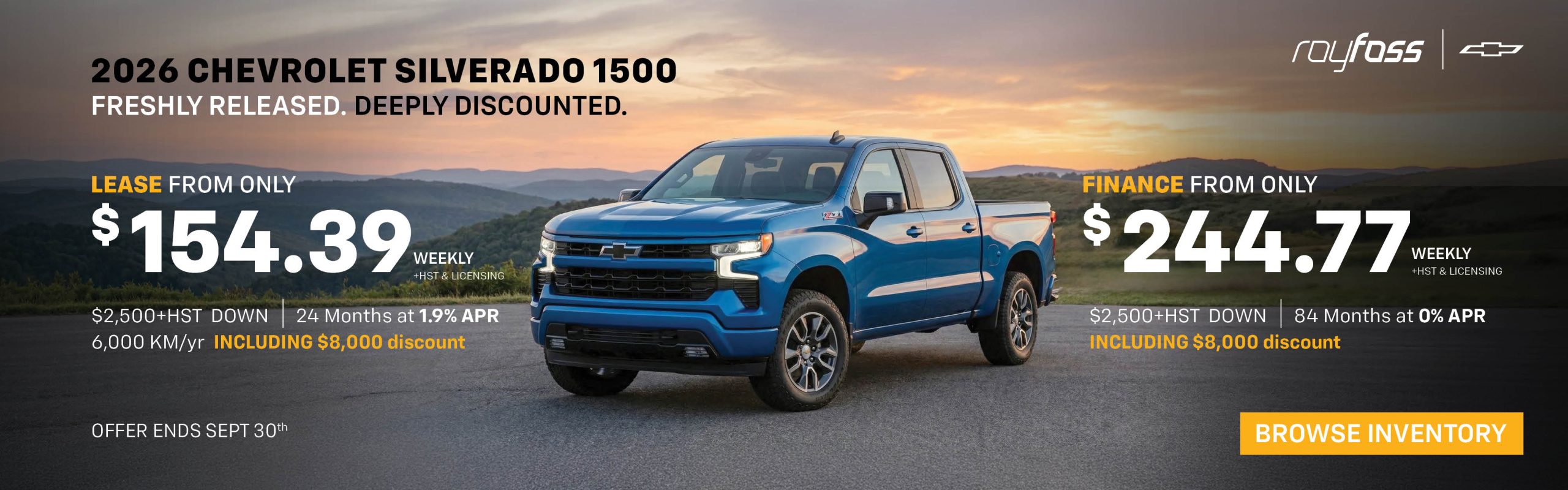 Roy Foss Chevrolet banner advertising the 2026 Chevrolet Silverado 1500 with lease payments from $154.39 weekly or finance payments from $244.77 weekly, including an $8,000 discount.