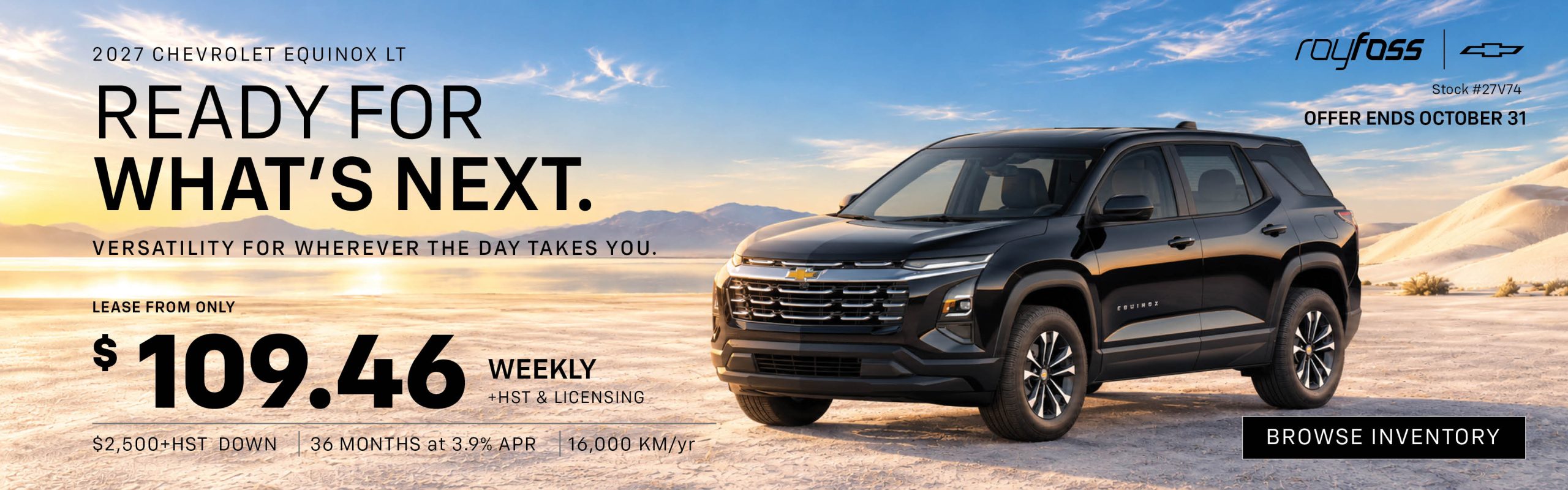 Roy Foss Chevrolet banner advertising the 2027 Chevrolet Equinox LT lease offer from $109.46 weekly, plus HST and licensing.