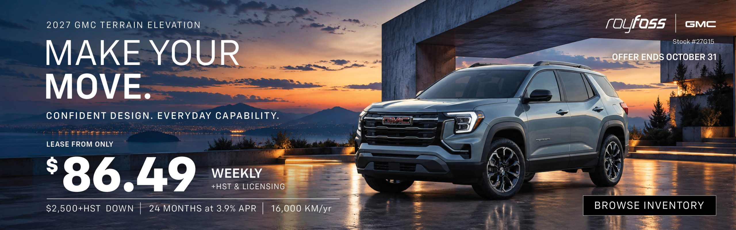 Roy Foss GMC banner advertising the 2027 GMC Terrain Elevation lease offer from $86.49 weekly, plus HST and licensing.