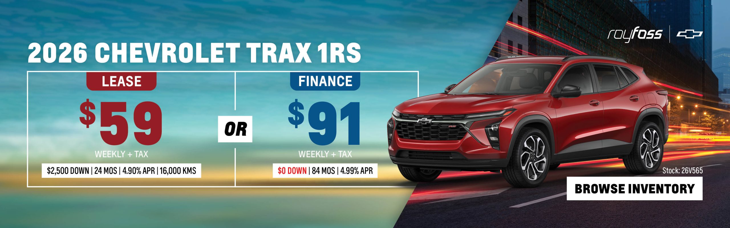 Roy Foss Thornhill website banner advertising the 2026 Chevrolet Trax 1RS with lease payments from $59 weekly or finance payments from $91 weekly, plus tax.