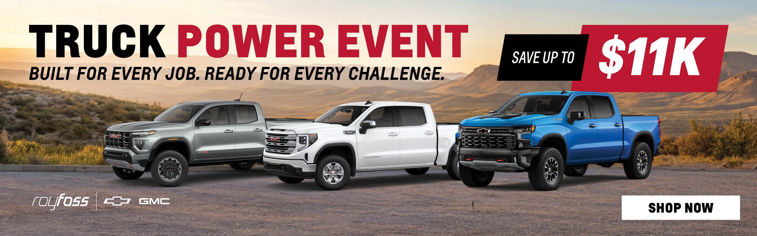 Truck Power Event banner featuring three Chevrolet and GMC pickup trucks with savings of up to $11,000 on select models at Roy Foss Thornhill, located at 7200 Yonge St, Thornhill, ON L4J 1V8.