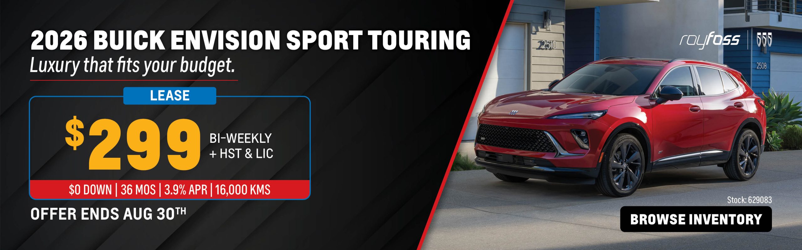 Roy Foss Thornhill website banner advertising the 2026 Buick Envision Sport Touring lease offer from $299 bi-weekly, plus HST and licensing.