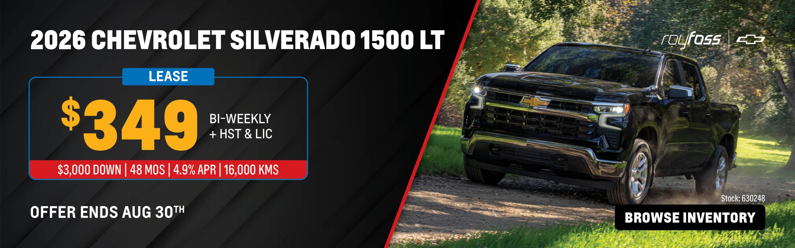 Roy Foss Thornhill website banner advertising the 2026 Chevrolet Silverado 1500 LT lease offer from $349 bi-weekly, plus HST and licensing.