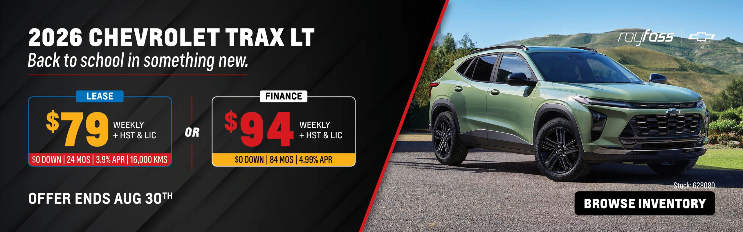 Roy Foss Thornhill website banner advertising the 2026 Chevrolet Trax LT with lease payments from $79 weekly or finance payments from $94 weekly, plus HST and licensing.