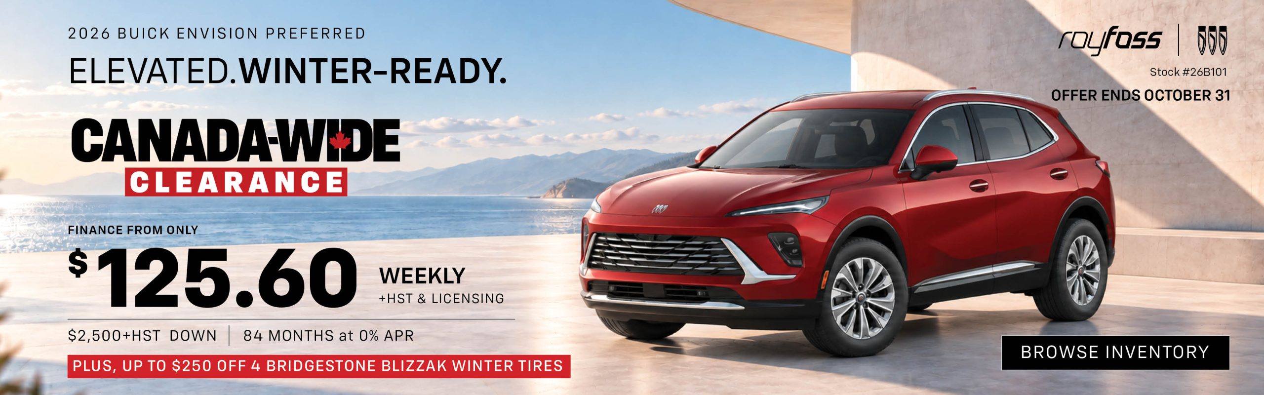 Roy Foss Buick banner advertising the 2026 Buick Envision Preferred Canada-Wide Clearance offer with finance payments from $125.60 weekly, plus HST and licensing, and up to $250 off four Bridgestone Blizzak winter tires.