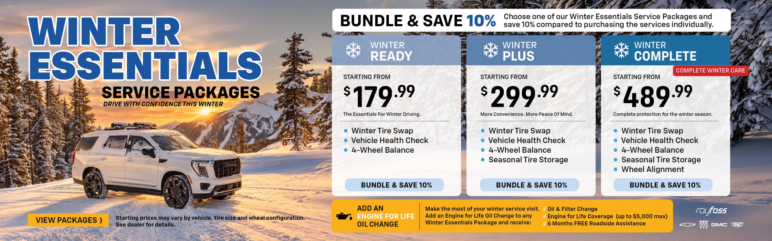 Roy Foss Certified Service banner advertising Winter Essentials Service Packages, including Winter Ready, Winter Plus, and Winter Complete packages with bundle-and-save 10% pricing.