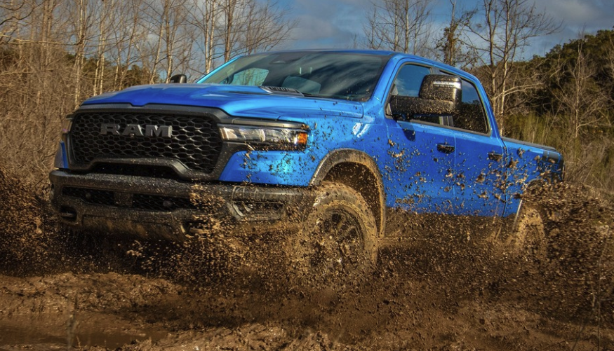 Ram 1500 with four-wheel drive navigating muddy terrain in Alberta