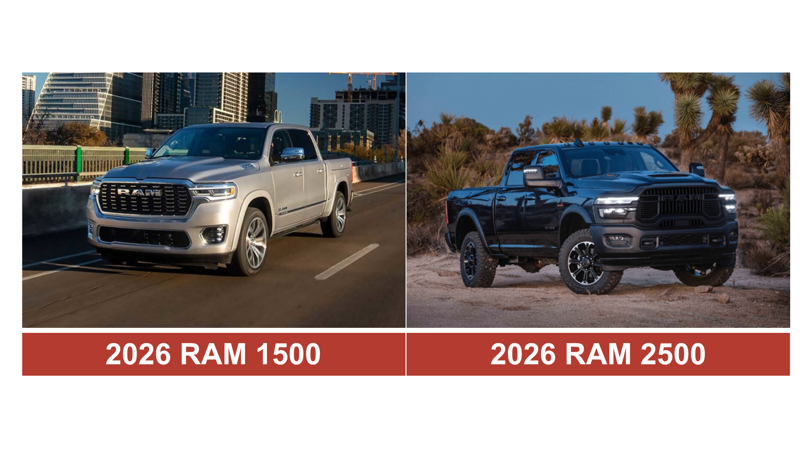 2026 Ram 1500 and Ram 2500 trucks side by side on an Alberta highway