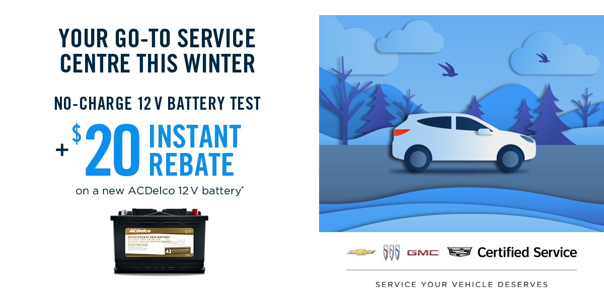 GET A NO-CHARGE 12 V BATTERY TEST AND AN $20 INSTANT REBATE ON A NEW AC DELCO 12V BATTERY*