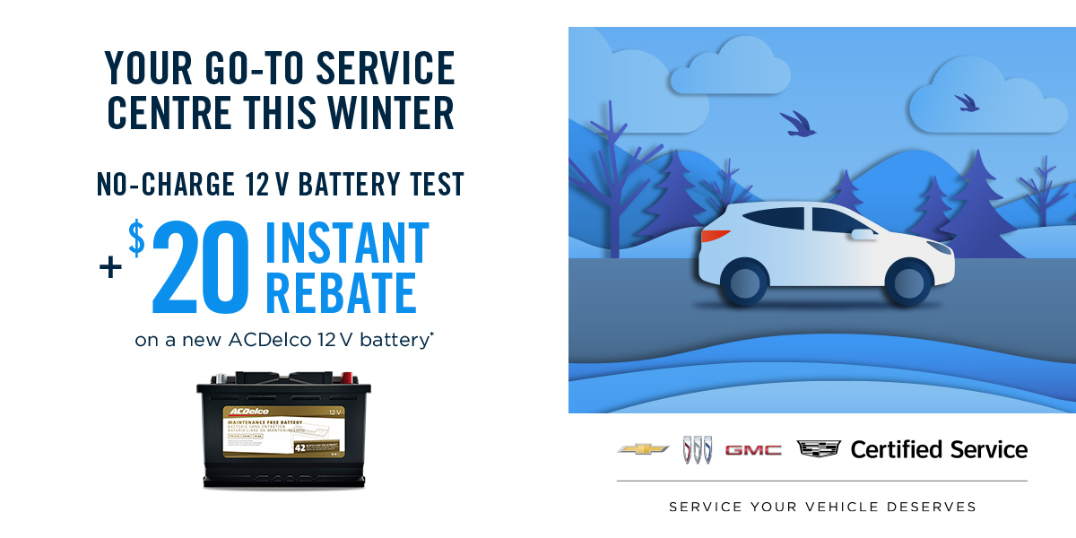 GET A NO-CHARGE 12 V BATTERY TEST AND AN $20 INSTANT REBATE ON A NEW AC DELCO 12V BATTERY*