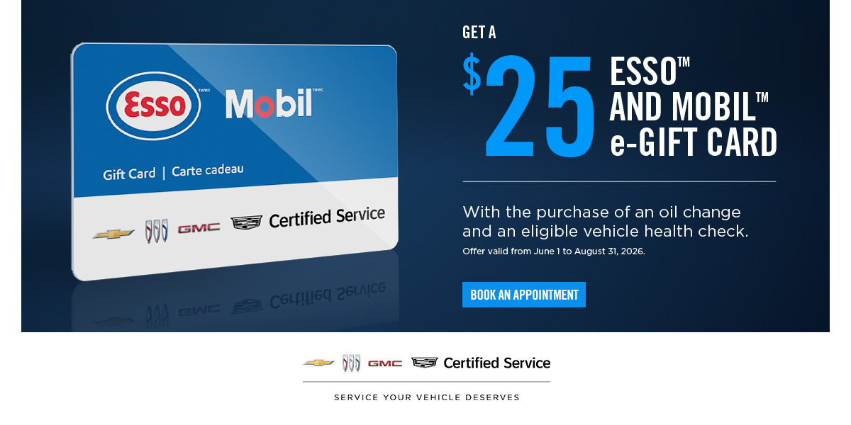 GET A $25 ESSO AND MOBILE E-GIFT CARD WHEN YOU PURCHASE AN OIL CHANGE + VEHICLE HEALTH CHECK*