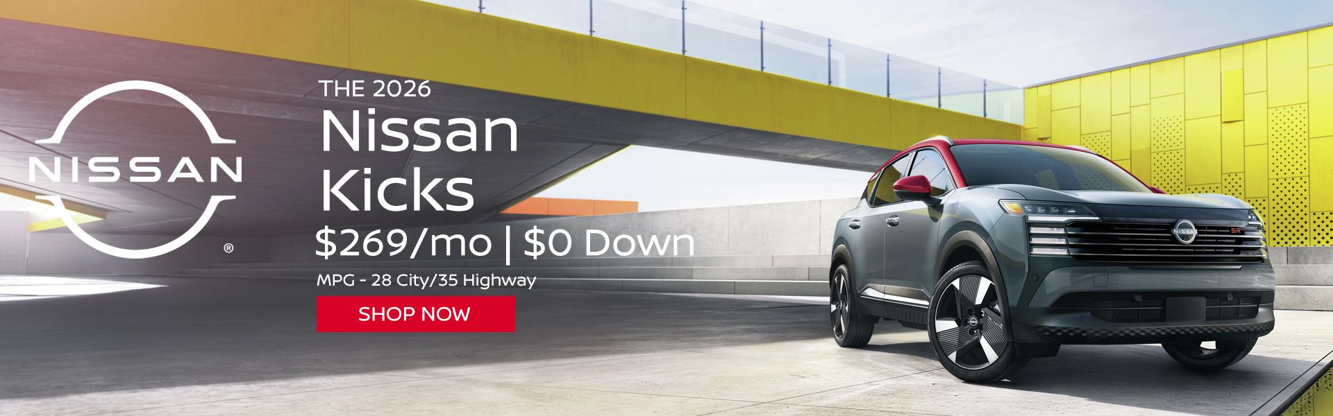 2026 Nissan Kicks $269/mo. with $0 down! VIN 3N8AP6CBXTL394649 Model #21216 MSRP $27,775. Selling price $26,849. Lease for $269 per month for 39 months totaling $10,491. $0 down payment. Offer excludes government taxes, DMV fees, Woodbury Nissan’s $349 documentation fee and lender’s $995 acquisition fee. 5K miles/yr. Mileage can be upgraded, contact dealer and we can adjust accordingly up to 30k miles a year. Includes all applicable manufacturer rebates and incentives. For well-qualified lessees. Images are for illustration purposes only. Not responsible for typographical errors. Subject to residency restrictions. Expires 8/31/2026.