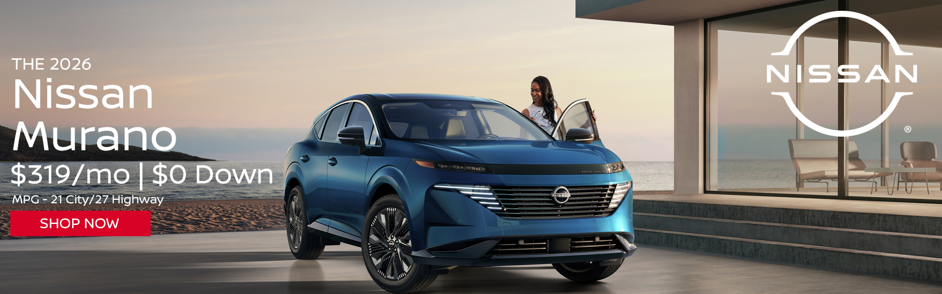2026 Nissan Murano $319/mo. with $0 down! VIN 5N1AZ3BS0TC122673 Model #53016 MSRP $44,010. Selling price $41,503. Lease for $319 per month for 36 months totaling $11,484. $0 down payment. Offer excludes government taxes, DMV fees, Woodbury Nissan’s $349 documentation fee and lender’s $695 acquisition fee. 5K miles/yr. Mileage can be upgraded, contact dealer and we can adjust accordingly up to 30k miles a year. Includes all applicable manufacturer rebates and incentives. For well-qualified lessees. Images are for illustration purposes only. Not responsible for typographical errors. Subject to residency restrictions. Expires 8/31/2026.