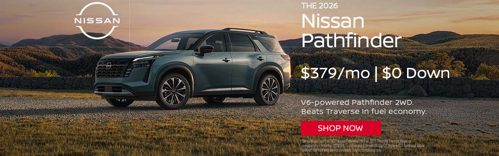 2026 Nissan Pathfinder $379/mo. with $0 down! VIN 5N1DR3BE5TC273774 Model #52216 MSRP $44,650. Selling price $41,688. Lease for $379 per month for 36 months totaling $13,644. $0 down payment. Offer excludes government taxes, DMV fees, Woodbury Nissan’s $349 documentation fee and lender’s $695 acquisition fee. 5K miles/yr. Mileage can be upgraded, contact dealer and we can adjust accordingly up to 30k miles a year. Includes all applicable manufacturer rebates and incentives. For well-qualified lessees. Images are for illustration purposes only. Not responsible for typographical errors. Subject to residency restrictions. Expires 8/31/2026.