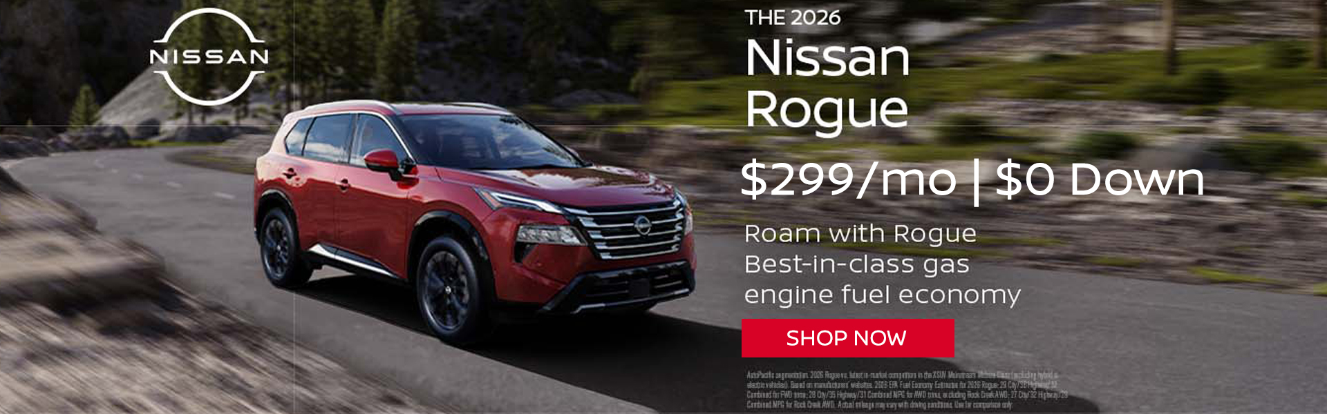 2026 Nissan Rogue $299/mo. with $0 down! VIN 5N1BT3BB5TC842928 Model #21216 MSRP $34,750. Selling price $32,974. Lease for $299 per month for 39 months totaling $11,661. $0 down payment. Offer excludes government taxes, DMV fees, Woodbury Nissan’s $349 documentation fee. 5K miles/yr. Mileage can be upgraded, contact dealer and we can adjust accordingly up to 30k miles a year. Includes all applicable manufacturer rebates and incentives. For well-qualified lessees. Images are for illustration purposes only. Not responsible for typographical errors. Subject to residency restrictions. Expires 8/31/2026.