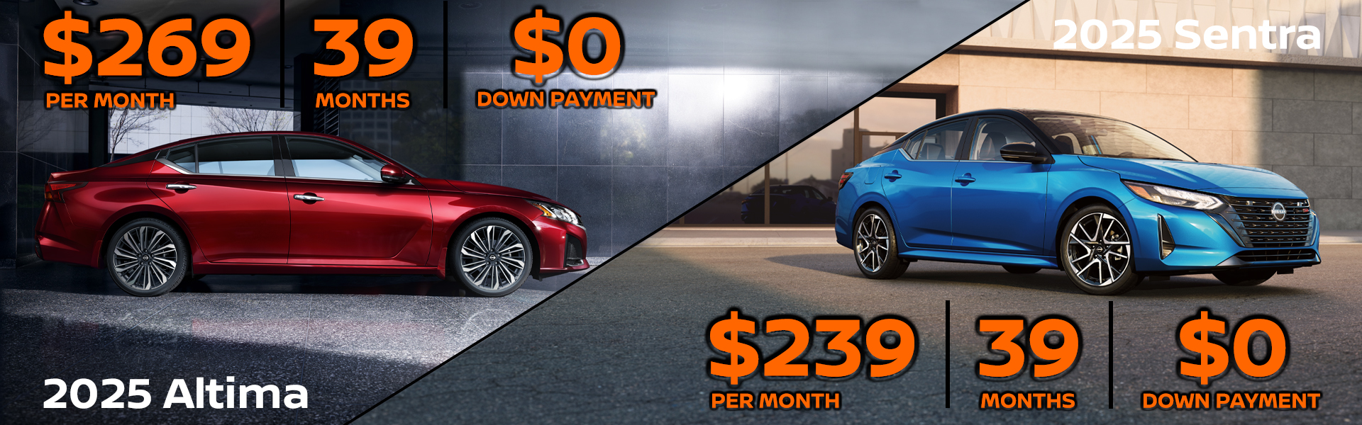 2025 Nissan Sentra SV: $0 down payment, lease for $239 per month! VIN SY321842 Model #12115 MSRP $24,325 Selling price $23,090. Lease for $239 per month for 39 months totaling $9,321. 5k miles/yr. $0 down payment plus inception fees due at lease signing. Price includes all costs to be paid by customer, except for licensing costs, taxes, registration, acquisition fees, and a $349 dealer doc fee, $0 security deposit. Includes all applicable rebates and incentives. Lessee must qualify for Tier 1 approval with Affinity. Images are for illustration purposes only. Not responsible for typographical errors. Subject to residency restrictions. Expires 6/30/2025. 2025 Nissan Altima SV: $0 down payment, lease for $269 per month! VIN SN387832 Model #13315 MSRP $29,550 Selling price $27,547. Lease for $269 per month for 39 months totaling $10,491. 5K miles/yr. $0 down payment plus inception fees due at lease signing. Price includes all costs to be paid by customer, except for licensing costs, taxes, registration, acquisition fees, and a $349 dealer doc fee, $0 security deposit. Includes all applicable rebates and college grad incentives. Lessee must qualify for Tier 1 approval with NMAC. Images are for illustration purposes only. Not responsible for typographical errors. Subject to residency restrictions. Expires 6/30/2025.