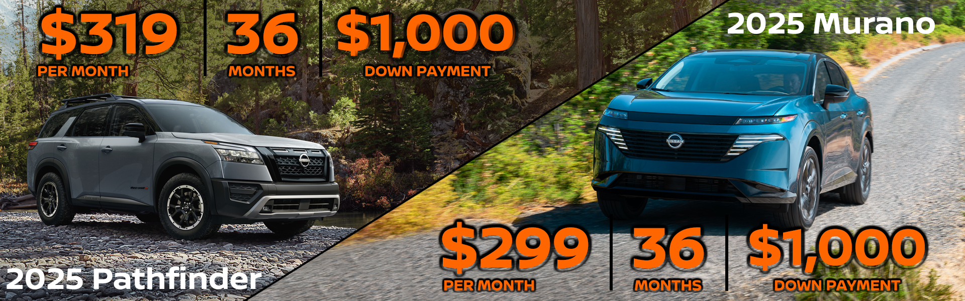 2025 Nissan Murano: $1,000 down payment, lease for $299 per month! VIN SC103477 Model #23015 MSRP $43,625 Selling price $40,975. Lease for $299 per month for 36 months totaling $10,764. 5K miles/yr. $1,000 down payment plus inception fees due at lease signing. Price includes all costs to be paid by customer, except for licensing costs, taxes, registration, acquisition fees, and a $349 dealer doc fee, $0 security deposit. Includes all applicable rebates, owner loyalty and military incentives. Lessee must qualify for Tier 1 approval with NMAC. Images are for illustration purposes only. Not responsible for typographical errors. Subject to residency restrictions. Expires August 4th, 2025. 2025 Nissan Pathfinder: $1,000 down payment, lease for $319 per month! VIN SC271469 Model #25015 MSRP $40,360 Selling price $37,713. Lease for $319 per month for 36 months totaling $11,484. 5k miles/yr. $1,000 down payment plus inception fees due at lease signing. Price includes all costs to be paid by customer, except for licensing costs, taxes, registration, acquisition fees, and a $349 dealer doc fee, $0 security deposit. Includes all applicable rebates and military incentives. Lessee must qualify for Tier 1 approval with NMAC. Images are for illustration purposes only. Not responsible for typographical errors. Subject to residency restrictions. Expires August 4th, 2025.