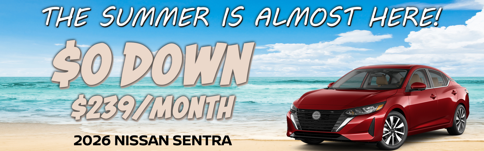 2026 Nissan Sentra $239/mo. with $0 down! VIN 3N1AB9CV4TY260537 Model #12116 MSRP $25,275. Selling price $24,083. Lease for $239 per month for 24 months totaling $5,736. $0 down payment. Offer excludes government taxes, DMV fees, Woodbury Nissan’s $349 documentation fee and lender’s $695 acquisition fee. 5K miles/yr. Mileage can be upgraded, contact dealer and we can adjust accordingly up to 30k miles a year. Includes all applicable manufacture rebates and incentives. For well-qualified lessees. Images are for illustration purposes only. Not responsible for typographical errors. Subject to residency restrictions. Expires 6/30/2026.