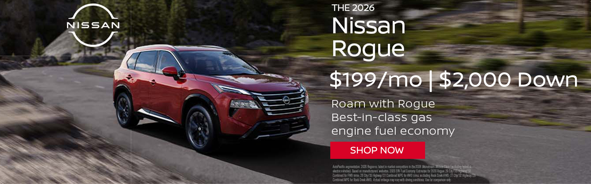2026 Nissan Rogue $199/mo VIN 5N1BT3BB8TC880542 Model #21216 MSRP $34,350. Selling price $32,674. Lease for $199 per month for 39 months totaling $7,761. $2,000 down payment. Offer excludes government taxes, DMV fees, Mount Holly Nissan’s $349 documentation fee and lender’s $1,695 acquisition fee. 5K miles/yr. Mileage can be upgraded, contact dealer and we can adjust accordingly up to 30k miles a year. Includes all applicable manufacturer rebates and incentives. For well-qualified lessees. Images are for illustration purposes only. Not responsible for typographical errors. Subject to residency restrictions. Expires 9/30/2026.
