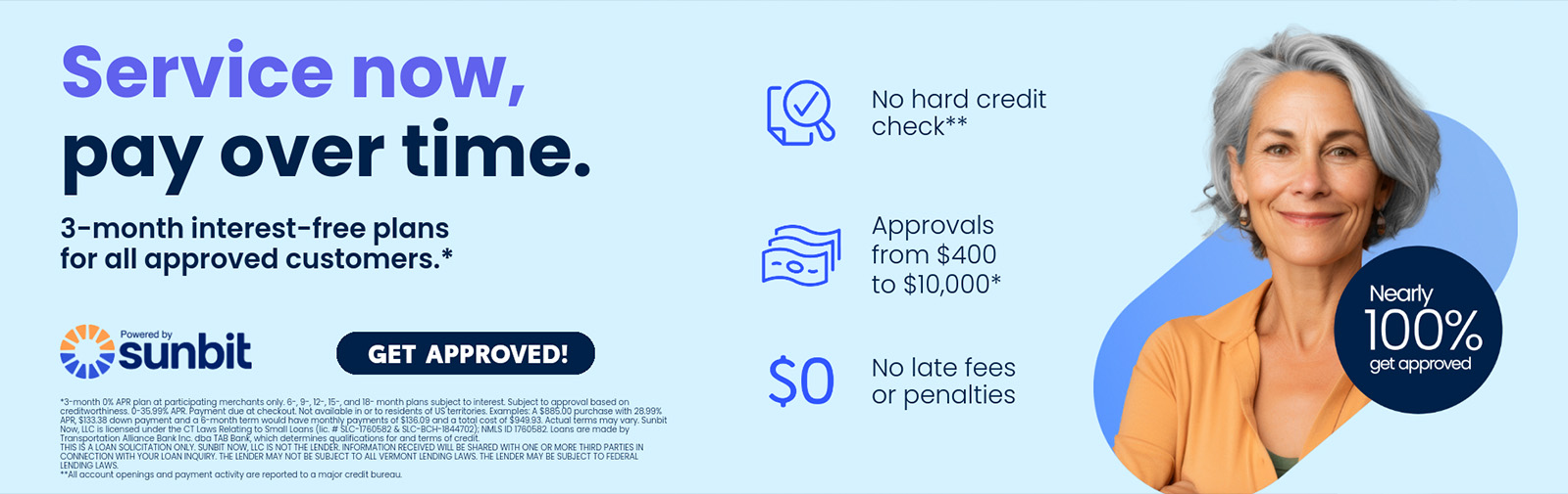 SUNBIT. Service now, pay over time Offer.