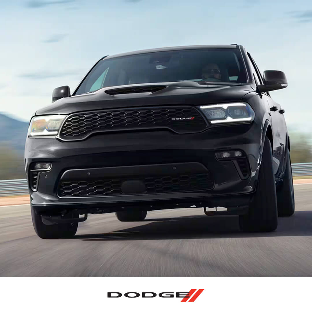 Black 2023 Dodge Durango Front View Driving on a Track